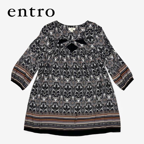 Entro Printed Mini Dress Small Gray Boho Indie Festival Peasant Flowy Earthy - Picture 10 of 10